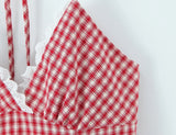 Purpdrank  Sexy Red White Plaid Spliced Lace Lacing Up Bow Halter V Collar Mini Dress Women Ruffles Hem A-line Short Dresses Robe Vestidos
