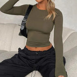 Purpdrank - Women Long Sleeve Slim T-Shirts O Neck 2023 Autumn Winter Causal Solid Tops Pullovers Base Tees Streetwear Y2K Bodycon T Shirt