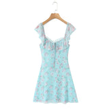Purpdrank   2 colors Sexy Floral Print Bow V neck Ruffles Strap Sling Dress Women Backless Slim Waist Mini Sleeveless Tank Dresses Robe