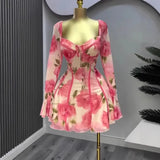 Purpdrank  Europe Temperament Women's 2025 Early Spring New Flared Long-sleeved Lace Ruffled Flower Print Dress