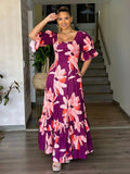 Purpdrank  Summer Europe Romantic Women's Dress Square Collar Belt Pocket Ruffled A-line Beach Vestidos Femme