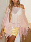 Purpdrank  Summer Slant Neck Batwing Sleeve Loose Women's Top Sexy Hollow Holiday Irregular T-shirt Tassel Splicing Solid Knitted Cover Up