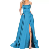 Purpdrank  women's Satin Prom Dresses Spaghetti Straps Backless Long Dress with High Slit Mermaid Formal Party Gown with Pocket Vestido