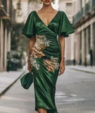 Purpdrank  Digital Printed Pleated Flower Dress Spring Summer Women's New V-neck Short-sleeved Long Dress