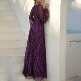 Purpdrank  Long V-Neck Sequin Dress Elegant Bow-Knot Party Dress Polyester Fabric High Waist Bubble Sleeve Floor-Length Simple Chic