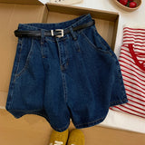 Purpdrank  Dark Blue Pleated Denim Shorts for Women 2025 New Summer High Waist Thin Wide Leg Jeans Shorts Casual Loose A-line Hot Pants