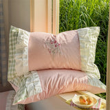 Purpdrank  Korean Princess Style Double Layer Lace Flower Embroidery 100% Cotton Bedding Set Plaid Style Duvet Covers Bed Sheet Pillowcases