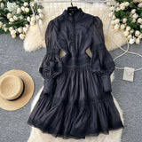 Purpdrank Elegant Stand Neck Vintage Long Lantern Sleeve Chic Lace Spliced Mesh Slim A-line Dress French Autumn Women High Street Clothing