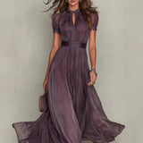 Purpdrank  Elegant Lace Party Long Dresses For Women Summer Fashion Solid Color Short Sleeve O-neck Slim Maxi Dress Casual
