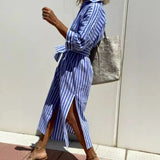 Purpdrank  Design Buttons Shirts Dress Women's Clothing Trends Midi Sleeves Striped Side Split A-line Dresses Robe Autumn Summer Dress Chic