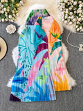 Purpdrank  Korean Spring/Summer High Waist Print Pleated Slim Long Skirts