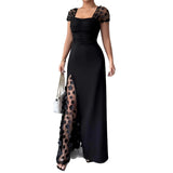 Purpdrank   Women's Formal Maxi Dress Square Neck Floral Sheer Long Sleeve Ruched Split Evening Gown
