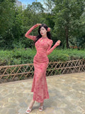 Purpdrank  Sexy Long Sleeve Lace Cheongsam Dress Waist Cinched Maxi Skirt for Women Southeast Asia Cross Border Elegant Commute Style