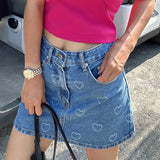 Purpdrank  Summer LOVE Print Y2K Women's Denim Wrap Skirt 2025 New High Waist Blue Jeans Sexy Mini A-line Skirts for Women