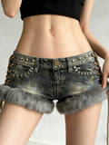 Purpdrank  Punk Rock Fuzzy Trim Denim Shorts American Retro Studded Low Waist Side Lace-up Hot Pants for Women Y2K Fashion Streetwear