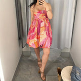 Purpdrank  Holiday Tie-dye Flower Print Slash Collar Ruched Chest Mini Sling Dress Sexy Low Back Backless Robe BOHO Summer Vestido