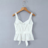 Purpdrank  New Holiday White Spliced Lace Strap Camis Women Summer Open Buttons Front Tie Bow Sashes Tank Tops V neck Ruffles Hem Crop Top