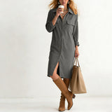 Purpdrank  Women's Corduroy Maxi Dress Lapel Collar Button Down Long Sleeve Casual Shirt Dress With Pockets Loose Side Slit Office Dresses