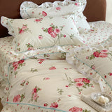 Purpdrank  Rustic Vintage French Rose Floral Ruffles 100% Cotton Bedding Set Duvet Cover Set Flat/Fitted Bed Sheet Pillowcases 4Pcs