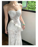 Purpdrank  Stunning Atmosphere Pure Desire Three-Dimensional Flower Strapless Dress Sexy Slim Long Dress