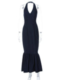 Purpdrank  Elegant Navy Blue Halter Mermaid Long Dress Women Sexy Deep V Front Sleeveless Backless Slim Bodycon Evening Party Gown