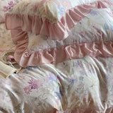 Purpdrank  4Pcs Lyocell Soft Silky Cooling Summer Bedding Set Rose Floral Prints Ruffles Duvet Cover Set Bed Sheet/Fitted Sheet Pillowcases