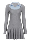 Purpdrank  Korean Preppy Style Grey Dress Women's Patchwork Lapel Collar Button Long Sleeve Slim Fake Two-Piece Pleated Mini Dress