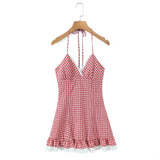 Purpdrank  Sexy Red White Plaid Spliced Lace Lacing Up Bow Halter V Collar Mini Dress Women Ruffles Hem A-line Short Dresses Robe Vestidos