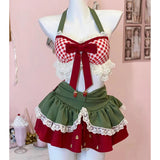 Purpdrank  Y2K 2 Pieces Set Woman Outfit Kawaii Bow Plaid Lace Halter Tops Gyaru Ruffles Mini Skirt Summer Japanese Design Clothes