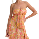 Purpdrank  Ruched Chest Floral Print Strapless Mini Chiffon Dress Women Ruffles Hem Elastic Bandage Backless Holiday Dresses Robe