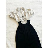 Purpdrank  Summer Polka Dot Bubble Sleeve Dress Women's Slim Fit Long Dress Waist Cinched Design French Style Polyester Fiber Midi Dress