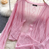 Purpdrank - Women Sweet Korean Pink Sweet 3 Pieces Set For Women Knitted Sling Vest +sunscreen+floral Print Wide Leg Denim Long Pants Suits