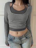 Purpdrank  Harajuku Fake Two Pieces Stripe T-shirts Y2k Aesthetic Casual Halter Cropped Tshirts Autumn Women Patchwork Grunge Bodycon Tops