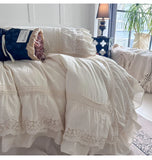 Purpdrank  Pink Luxury Princess Wedding Lace Ruffles 100% Cotton Bedding Set Duvet Cover Bed Sheet/Bed Skirt/Fitted Sheet Pillowcases 4Pcs