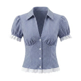 Purpdrank  Sexy Blue Plaid Lapel V neck Short Puff Sleeve Shirt Tank Top + Women Bow Zipper Waist A-line Pleated Mini Skirt 2 Pieces 1 Set