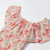 Purpdrank  Romantic Pink Floral Print Ruched Slash Shoulder Short Sleeve Chiffon Dress Women Elastic Body Ruffles Hem Mini Dresses Vestidos