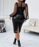 Purpdrank Women's Elegant Lace Patchwork PU Leather Dress Temperament Commuting Female Clothes Fresh Sweet Daily Long Sleeve Women Dresses