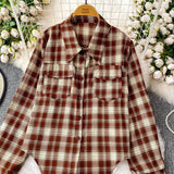 Purpdrank  Retro Hong Kong Sle Plaid Long Sve irt Women's ort Length Turn-down Collar Slimming Waist Tie Top for Autumn 2025