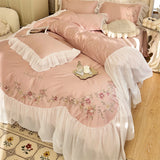 Purpdrank  Vintage French Beige Pink Lace Ruffles Flowers Embroidery Bedding Set Egyptian Cotton Quilt/Duvet Cover Set Bed Sheet Pillowcase