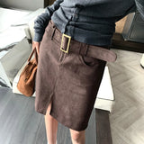 Purpdrank  New Autumn Sexy With Buckle Belt High Waist Suede Pencil Skirt for Women Above Knee Length Package Hips Front Slit Skirts Khaki