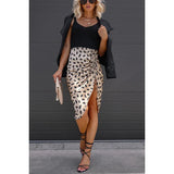 Purpdrank  Women's S-XL Size New European and American Satin Leopard Pattern Split Half Skirt INS Casual Women's Drawstring Fashion Half