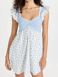Purpdrank  Sexy White Blue Flower Print Ruffle Strap Mini Dress V neck Ruched Elastic Chest Corset Sleeveless Short Tank Robe Holiday Woman