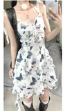 Purpdrank   French Style Tea Break Butterfly Floral Lace Trim Halter Dress Women's Summer Slimming Short Skirt Waist Cinched Midi Dress