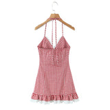 Purpdrank  Sexy Red White Plaid Spliced Lace Lacing Up Bow Halter V Collar Mini Dress Women Ruffles Hem A-line Short Dresses Robe Vestidos