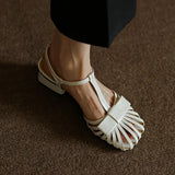 Purpdrank  New Shallow Rome Thick Med Heels Shoes Buckle Strap Genuine Leather Sandals Women Ladies Shoes Leather Gladiator Sandals