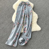 Purpdrank - Women Sweet Korean Pink Sweet 3 Pieces Set For Women Knitted Sling Vest +sunscreen+floral Print Wide Leg Denim Long Pants Suits