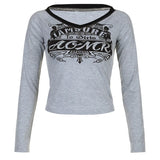 Purpdrank  Spring Grey Women's T-shirt V-Neck Long Sleeves Letter Print Crop Top Casual Fashion T Shirt Female Streetwear Sexy Cropped Tops