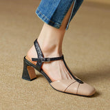 Purpdrank  Summer Women Shoes Genuine Leather Shoes for Women Square Toe Chunky Heel Women Sandals Retro Cover Toe Ankle Strap Shoes