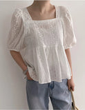 Purpdrank  Summer Cotton Puff Sleeve Women's T-shirts 2025 New Square Collar Backless Hollow Out Casual Loose Shirts Tops Female