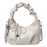 Purpdrank  Y2K Style Underarm Bags for Women Pleated Handle Design Ladies Pearl Bow Handbag Adjustable Strap Shoulder Crossbody Bag